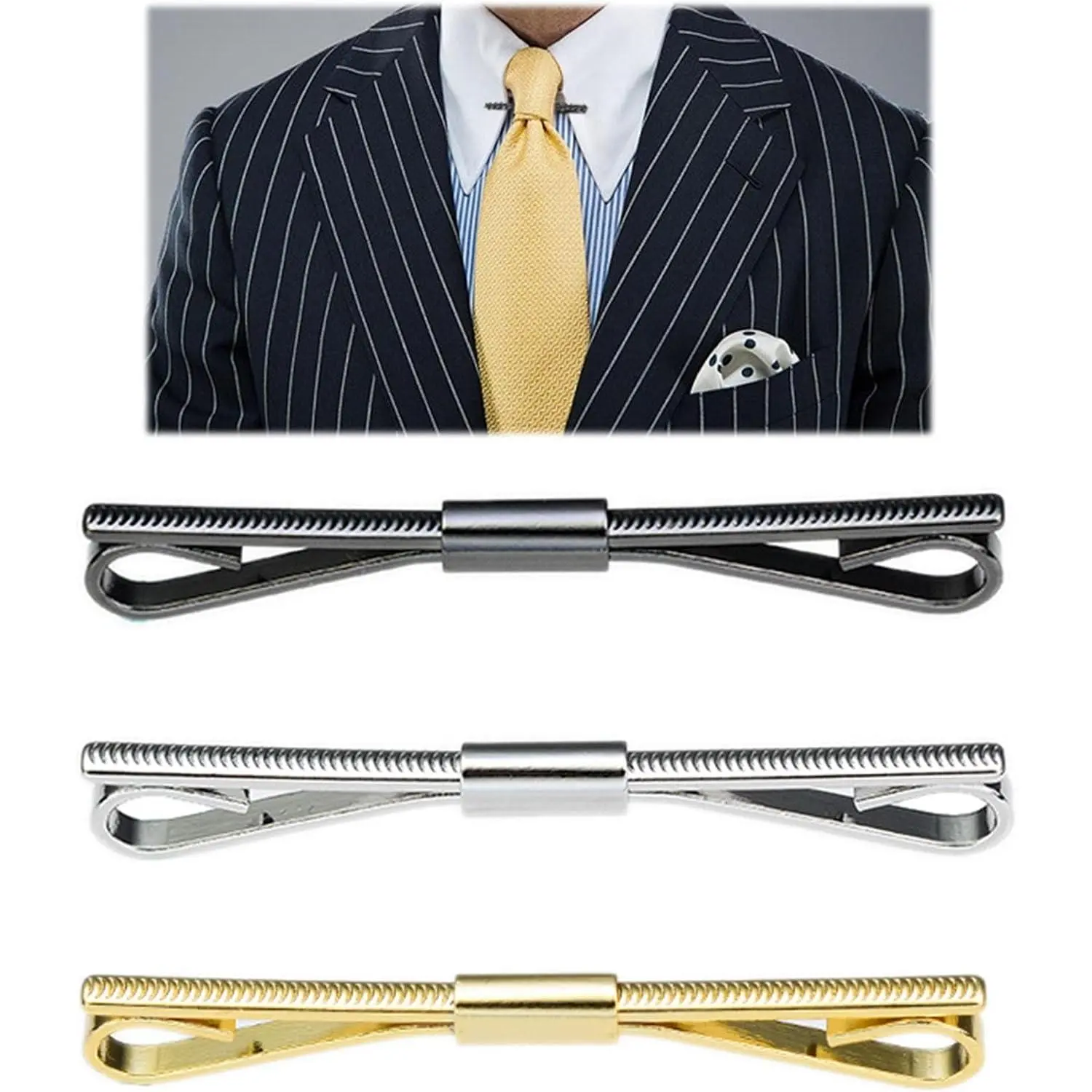 3 pcs Men's Classic Tie Clips Shirt Collar Clip Bar Shirt Tie Necktie Pins Clip Shirt Collar Bar Tie Pins Clip Knitting Style Design,Collar Holder,for Anniversary Wedding Party Meeting (3 color)