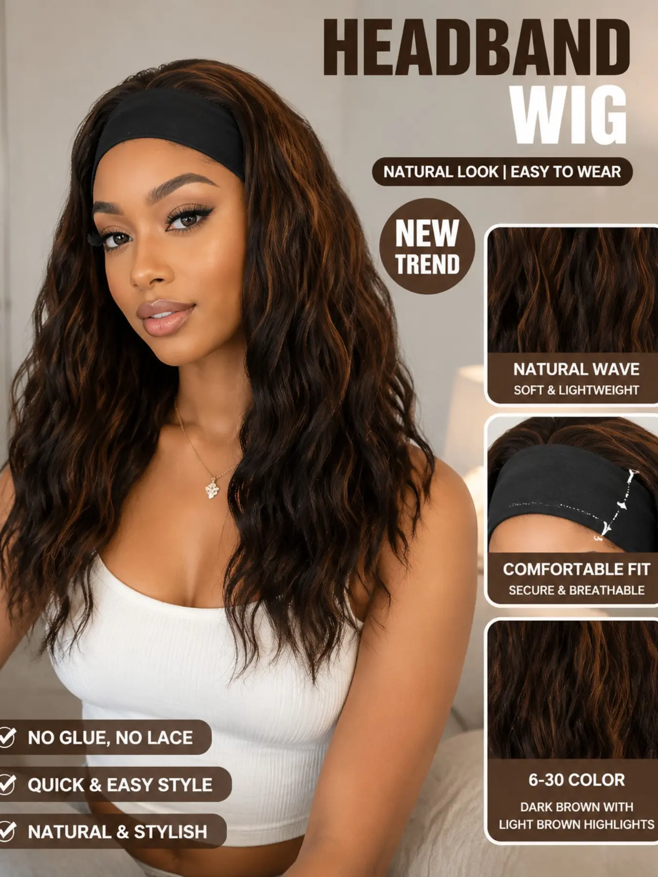 Glueless Adjustable Headband Wig - Short WavyShoulder Length Curly Synthetic Hair No-Adhesive Comfort for Everyday Wear, Parties And Events