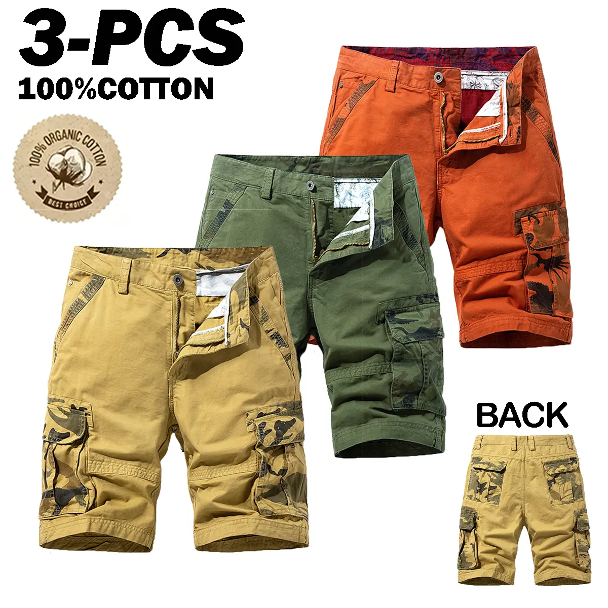 3PCS Mens 100% Cotton Camo Spliced Cargo Shorts Mid Rise Knee Loose Multi Pocket Work Shorts Breathable Vintage Outdoor Hiking Streetwear Summer Travel Walking Trendy Light Casual Shorts For Men Daily Weekend Outfit Gifts