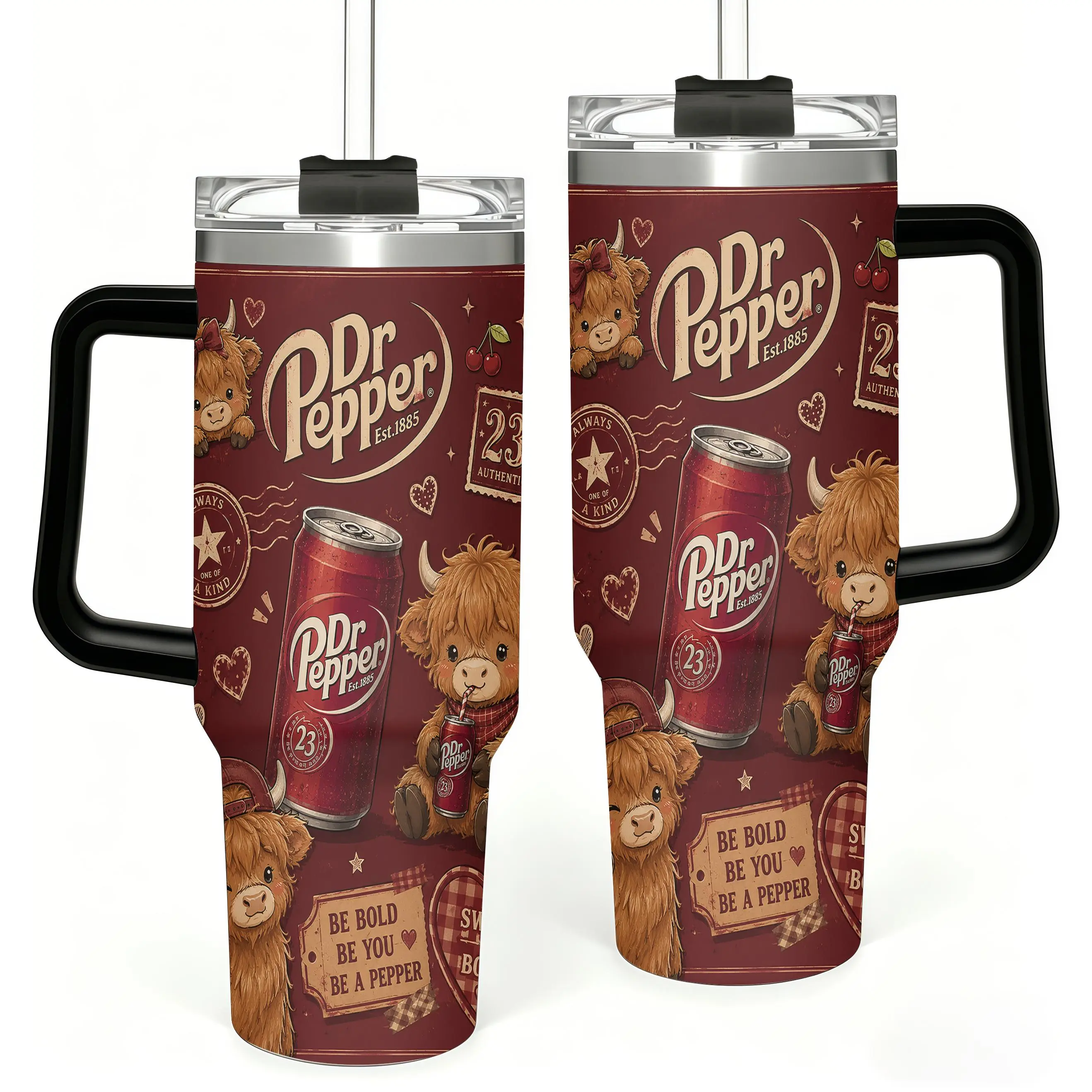 Dr Pepper Highland Cow 40oz Tumbler with Handle and Straw, Cute Cartoon Cow Insulated Travel Mug, Aesthetic Travel Mug Gift for Her, Be Bold Be You Gift for Lovers