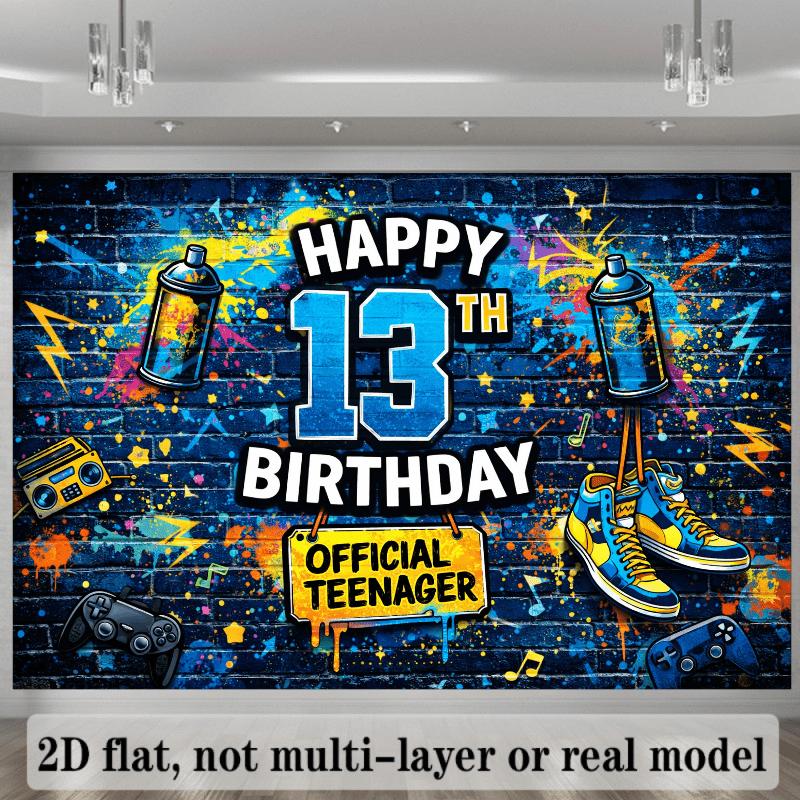 13th Birthday Backdrop Suitable for Teen & - Graffiti Street Party Decor with Brick Wall Texture, Sneakers & Game Controllers - Durable Indoor/Outdoor Decoration for 13 Year Party, Graduation, No Power Needed,