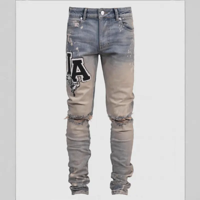 XORAM Menswear Slim-Fit 4-Way Stretch Full-Length Retro Look Denim Jeans, 4-Season Solid Blue Patch Print High-Street Daily Streetwear Pants, MGD609