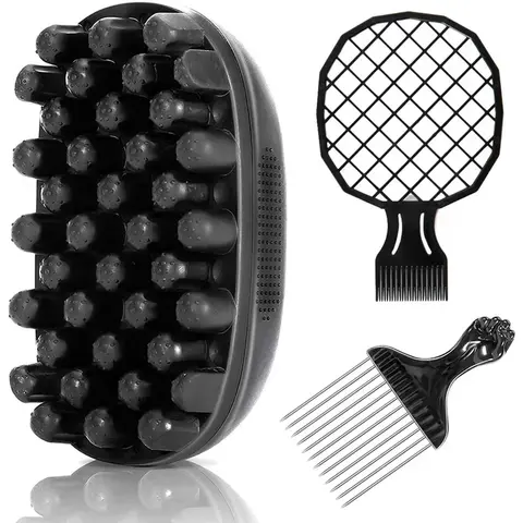 Men's Twist & Curl Styling 3-Piece Set for Afro-Textured, Curly Hair, Hair Pick & Grid Comb, Hair Styling Combs & Curl Sponge Brush, Ideal for Defined Curls, Coils & Natural Short Hairstyles, Hair Styling Tools