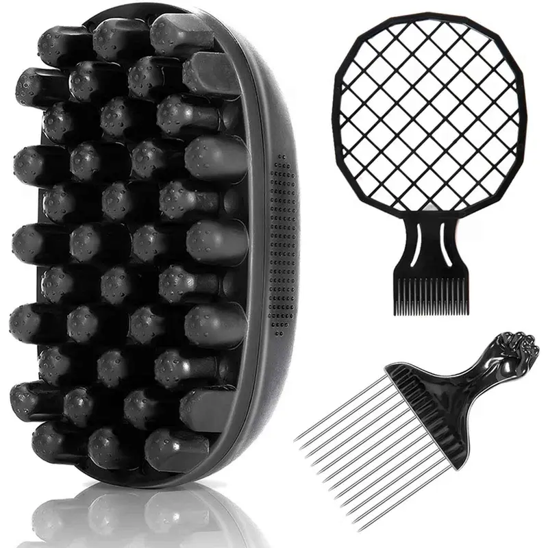 Men's Twist & Curl Styling 3-Piece Set for Afro-Textured, Curly Hair, Hair Pick & Grid Comb, Hair Styling Combs & Curl Sponge Brush, Ideal for Defined Curls, Coils & Natural Short Hairstyles, Hair Styling Tools
