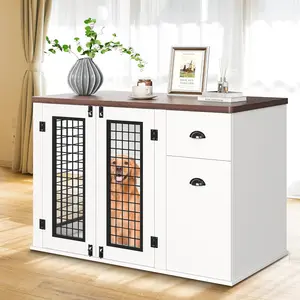 43'' Wooden Dog Crate Furniture - 43.7" l × 23.6" w × 29.7" h, Heavy Duty Kennel with Drawer, Cabinet, Removable Divider, Mesh, Non-Skid, Comfortable & Well-Ventilated, Stylish Storage End Table for Small-Medium Indoor Pets, White
