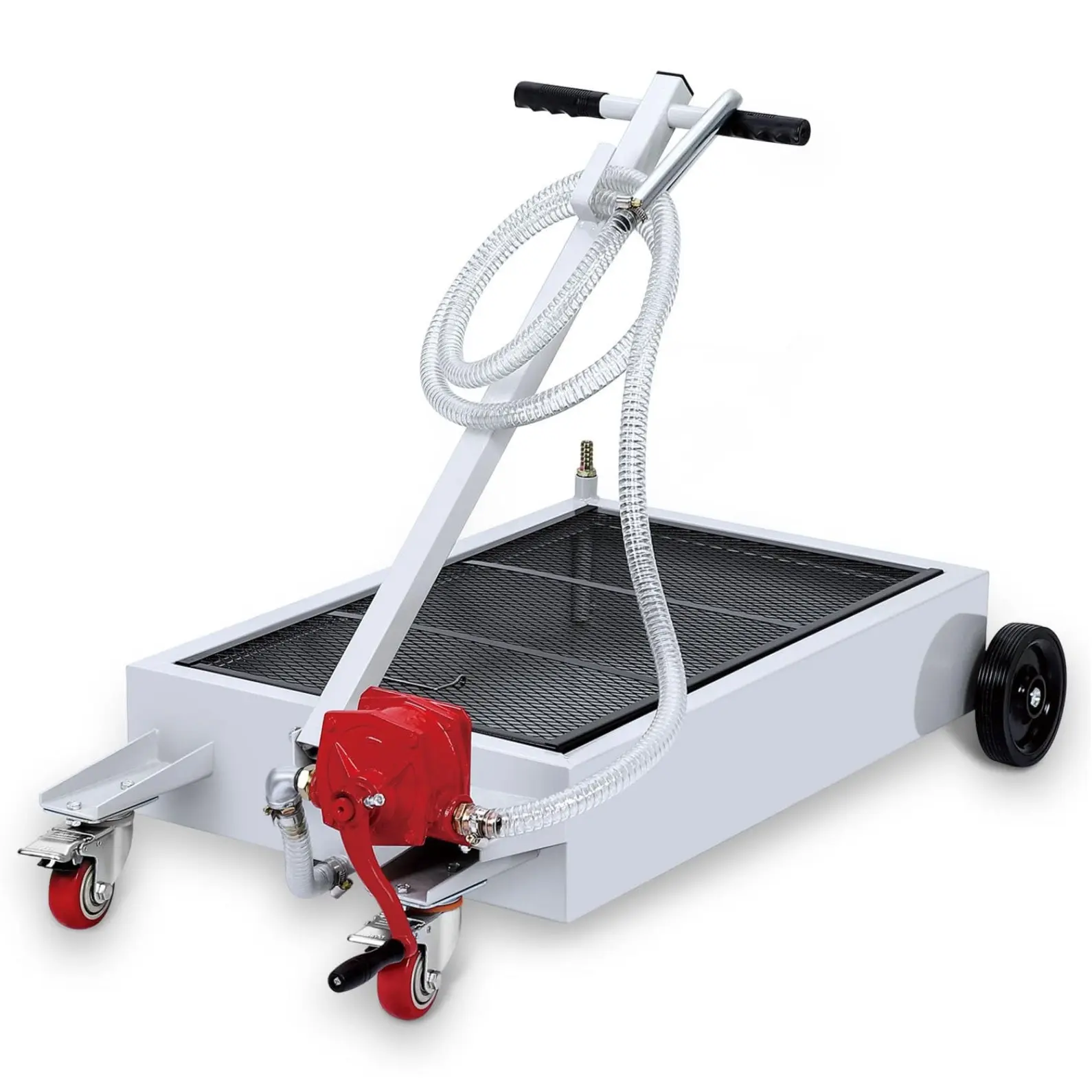 GARVEEHand Pump & Hose Oil Drain Pan available in 15 Gal Low Profile Silver and 17 Gal Low Profile Black versions, featuring an 8 Ft Hose for efficient oil draining and handling.
