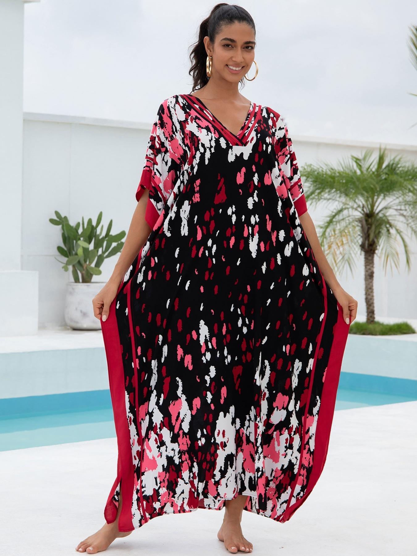 EDOLYNSA Striped Women's Casual Kaftan Long Dress Oversized Chic Bohemian House Robe Beachwear Vacation Bathing Suit Cover Up Lounge Wear