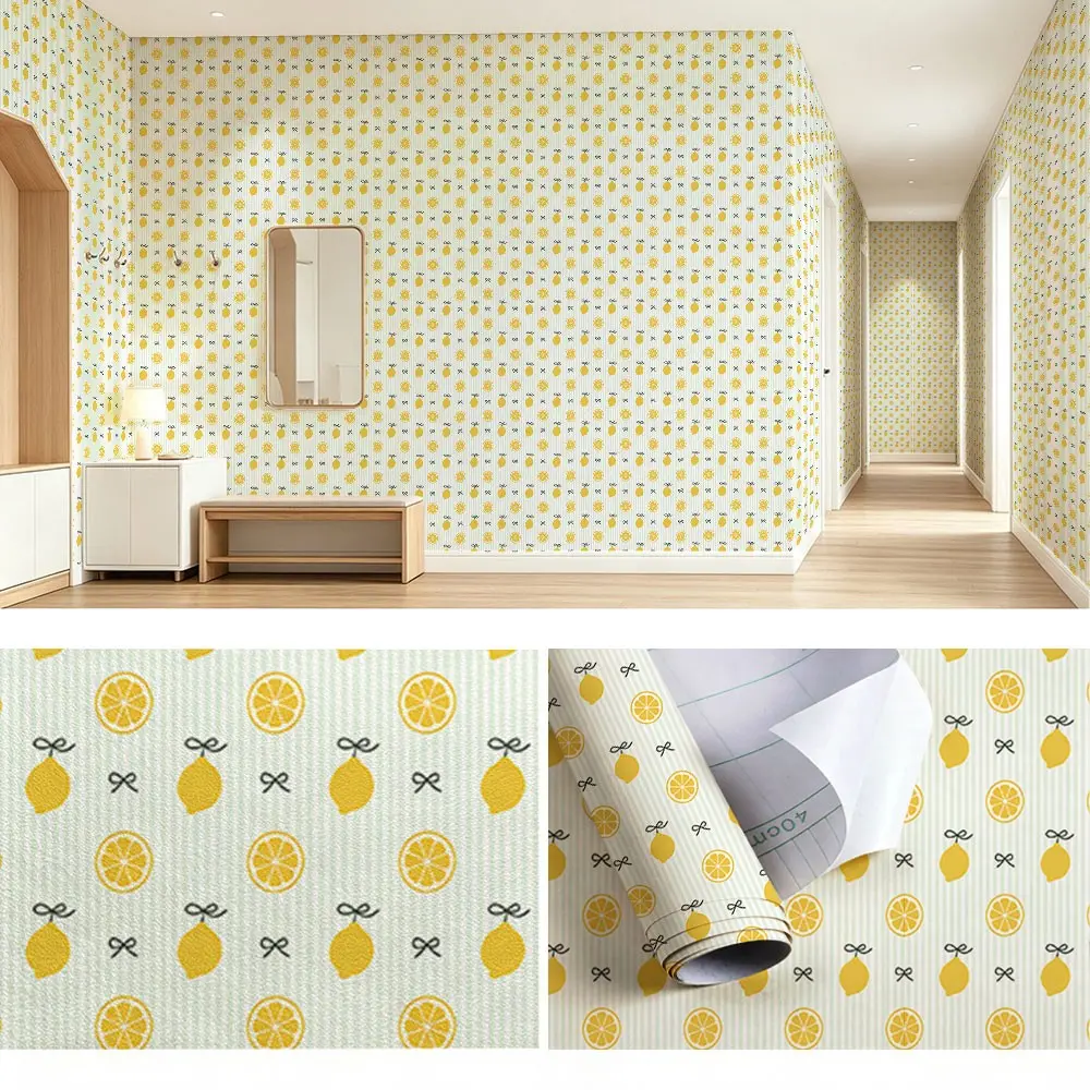 Lemon Theme Striped Bow Pattern Wallpaper, PVC Self-Adhesive, Moisture-Proof, Ideal for Kitchen Living Room Bedroom Wall Decor