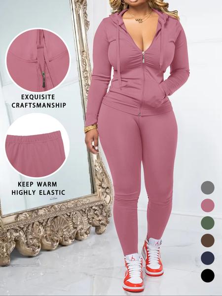 Women's Fall Zipper Hoodie and Skinny Pants Set, Casual Soft Long Sleeve Pullover with Pocket Design, Two-Piece for Daily Wear