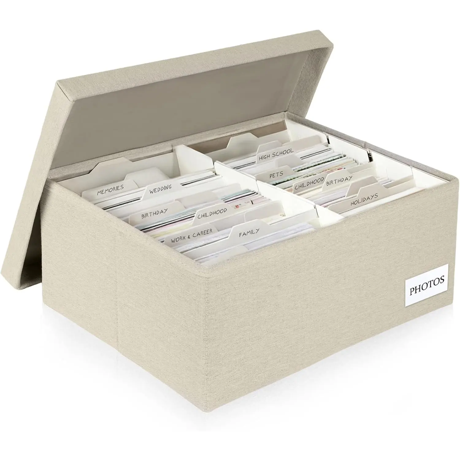 Decorative Photo Storage Box , 5x7 Beige Photo Organizer, Scrapbook Storage| Linen with Dividers, Fits Holds Up to 1700 Photos with Lid