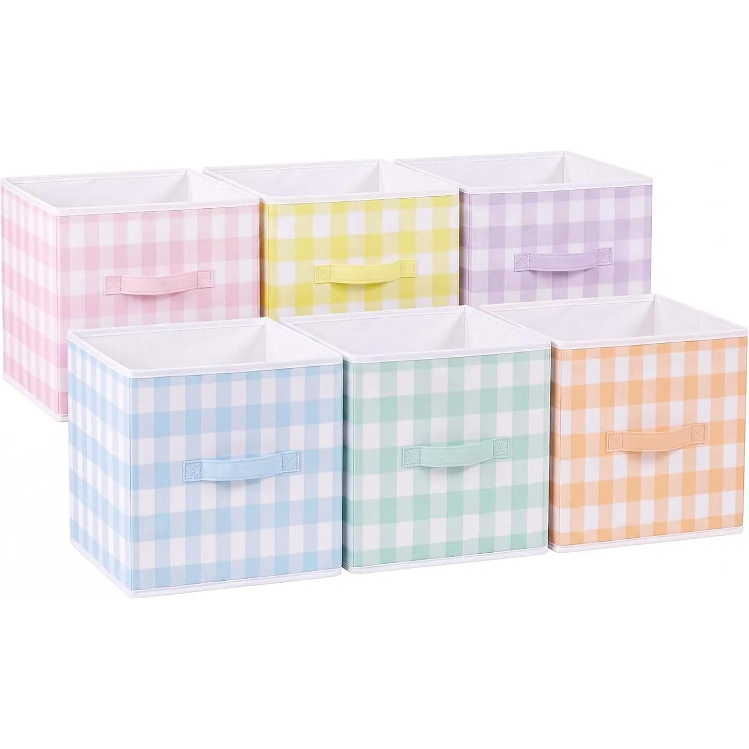 6 Pcs 11 Inch Pastel Gingham Collapsible Cube Storage Bins, Fabric Storage Organizer Baskets with Handles for Closet Clothes Toys Books Home Organization