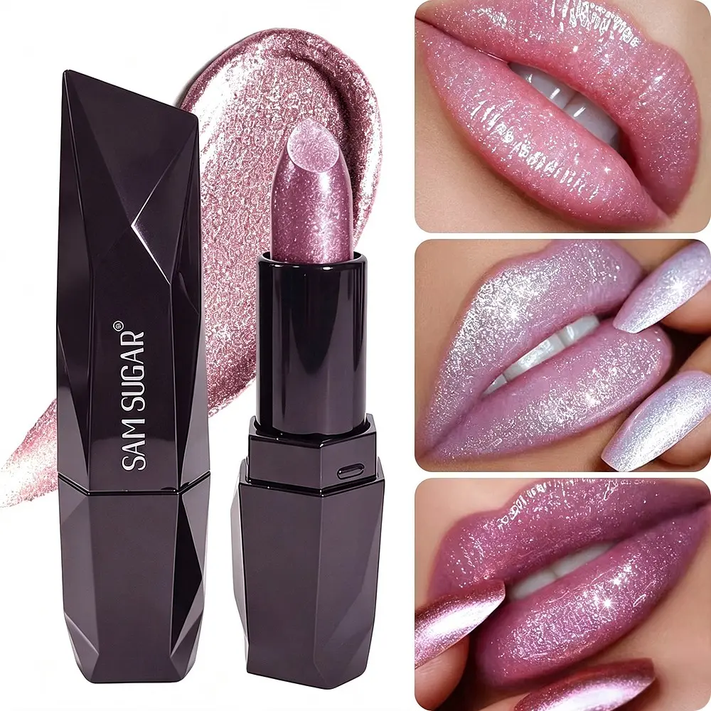 Sam Sugar Faceted Tube Shimmer Lipstick, Metallic Glitter Moisturizing Lip Balm, Waterproof, Easy to Apply, Lustrous, Hydrating Lipstick