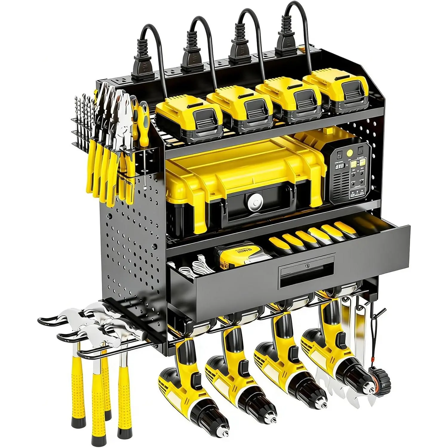 Power Tool Organizer Wall Mount Heavy Duty 130 lbs, 4 Layers Storage Rack with 6 Drill Holders &  Storage, Cordless Tool Organizer for Garage, Workshop & Tool Room
