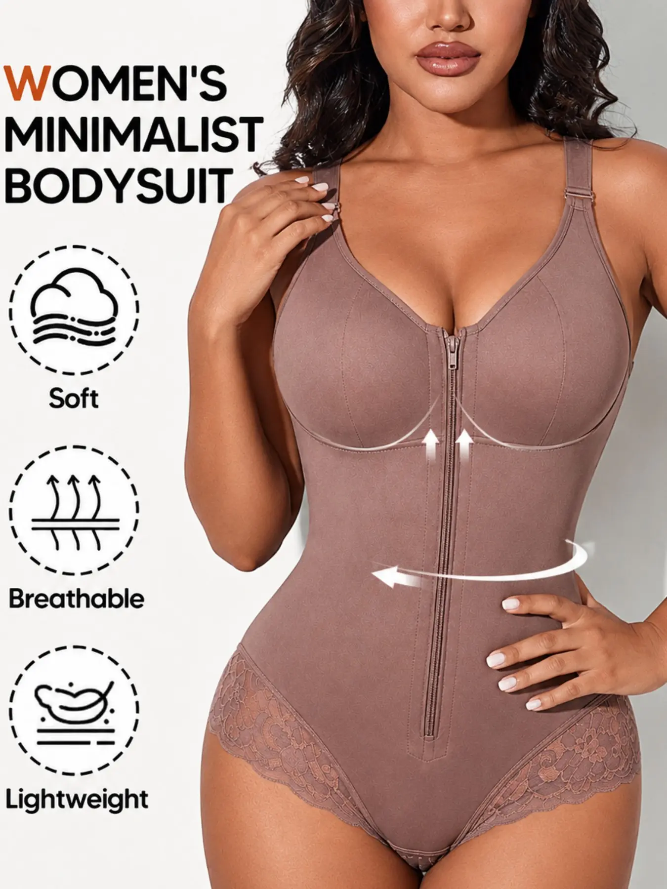 1 Count Women's Lace Trim Anti-Roll Down Shapewear Bodysuit, Minimalist, Colombian Shapewear, Front Zipper & Inner Hook Closure Body Shaper, Adjustable Shoulder Strap, Compression Bodysuit, Under-Clothing Shapewear, Suitable For Everyday Use, Underwear