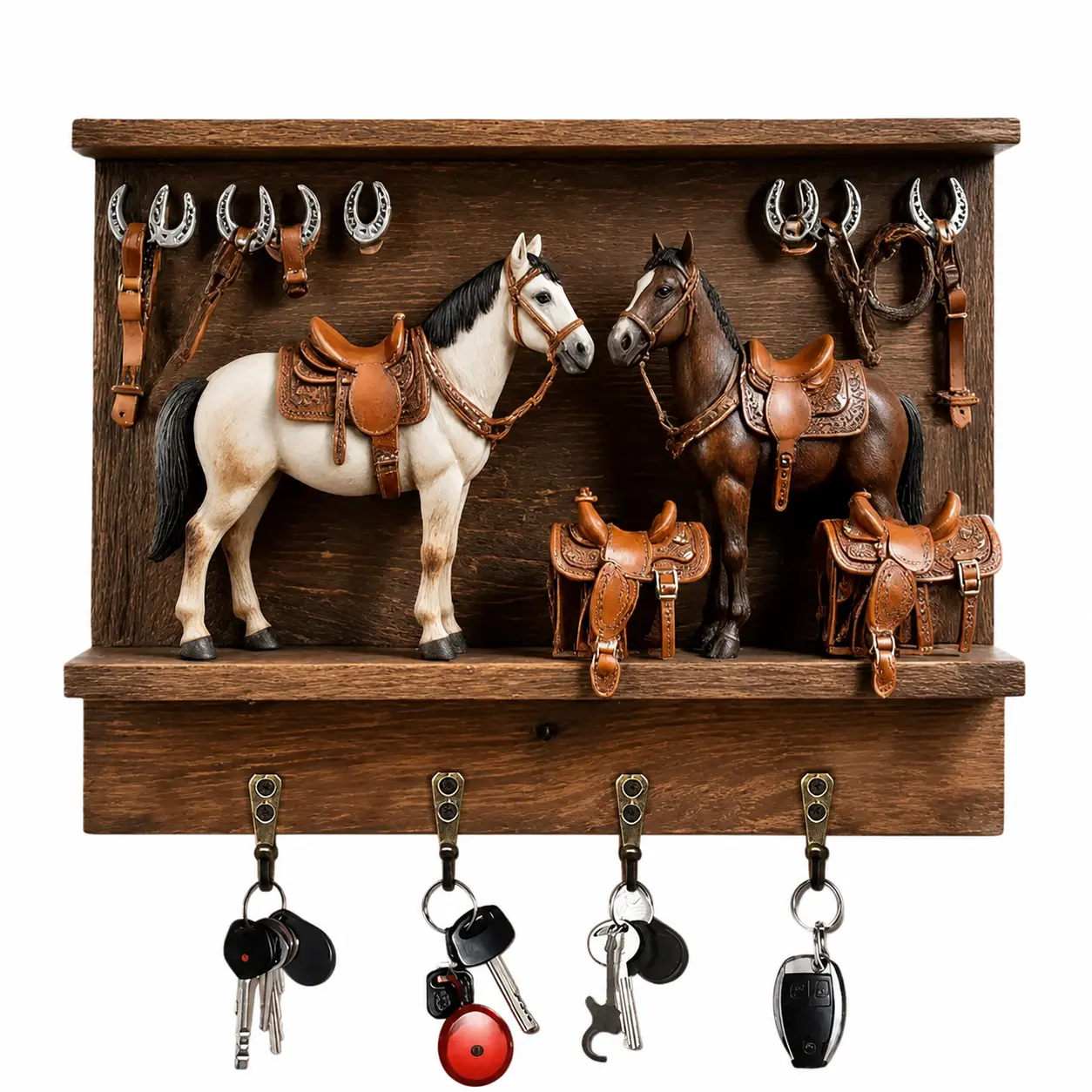 Rustic Western-Style Wooden Wall Key Organizer with Four Durable Metal Hooks, Built-in Shelves for Keys, Mail, and Small Essentials, Lightweight Easy-Mount Home Decor for Entryway, Hallway, or Bedroom – Thoughtful Housewarming or Mother’s Day Gift