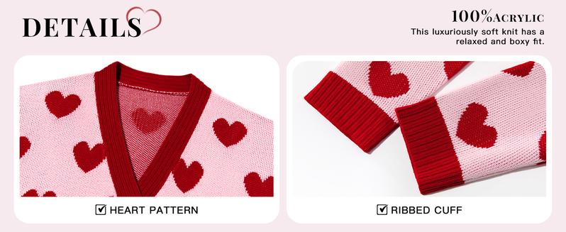 Saodimallsu Womens Oversized Heart Cardigan Color Block V Neck Button Long Sleeve Chunky Valentines Sweaters with Two Pockets & Contrast Trim