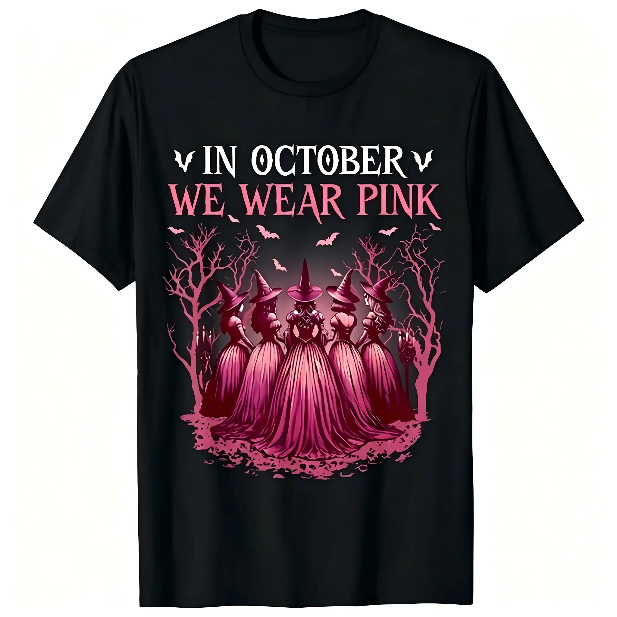 Men's Unisex Breast Cancer Awareness Tops - "In October We Wear Pink" Shortleeve Comfortable Cotton Crew Neck T-Shirt, Witch Coven Bat Halloween Graphic, Soft Breathable, Women-Friendly, Machine Washable, Casual Daily Wear, Shortsleeve, Print, Round Neck,