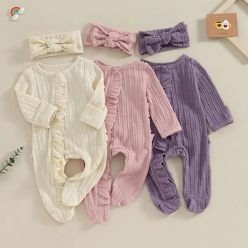 Baby Girls Spring Autumn Jumpsuit Long Sleeve Crew Neck Solid Color Ruffle Romper with Headband