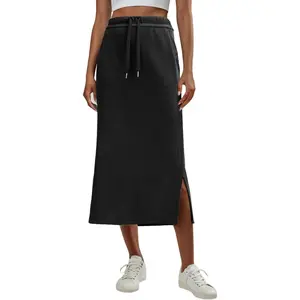 Casual Maxi Skirts for Womens High Waist Trendy Drawstring Side Slit Skirts with Pockets