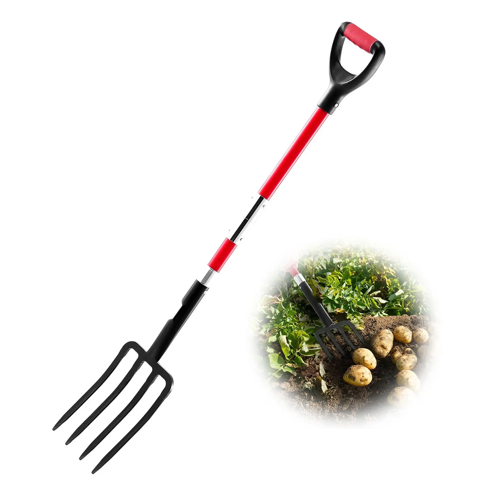 4 Tines Garden Fork With Fiberglass Handle, 45 Inch Length, Digging And Spading Pitchfork For Loose Soil, Compost, Weeds, Gravel, Lawn And Yard Cleanup, Outdoor Landscaping Tool For All Weather Use