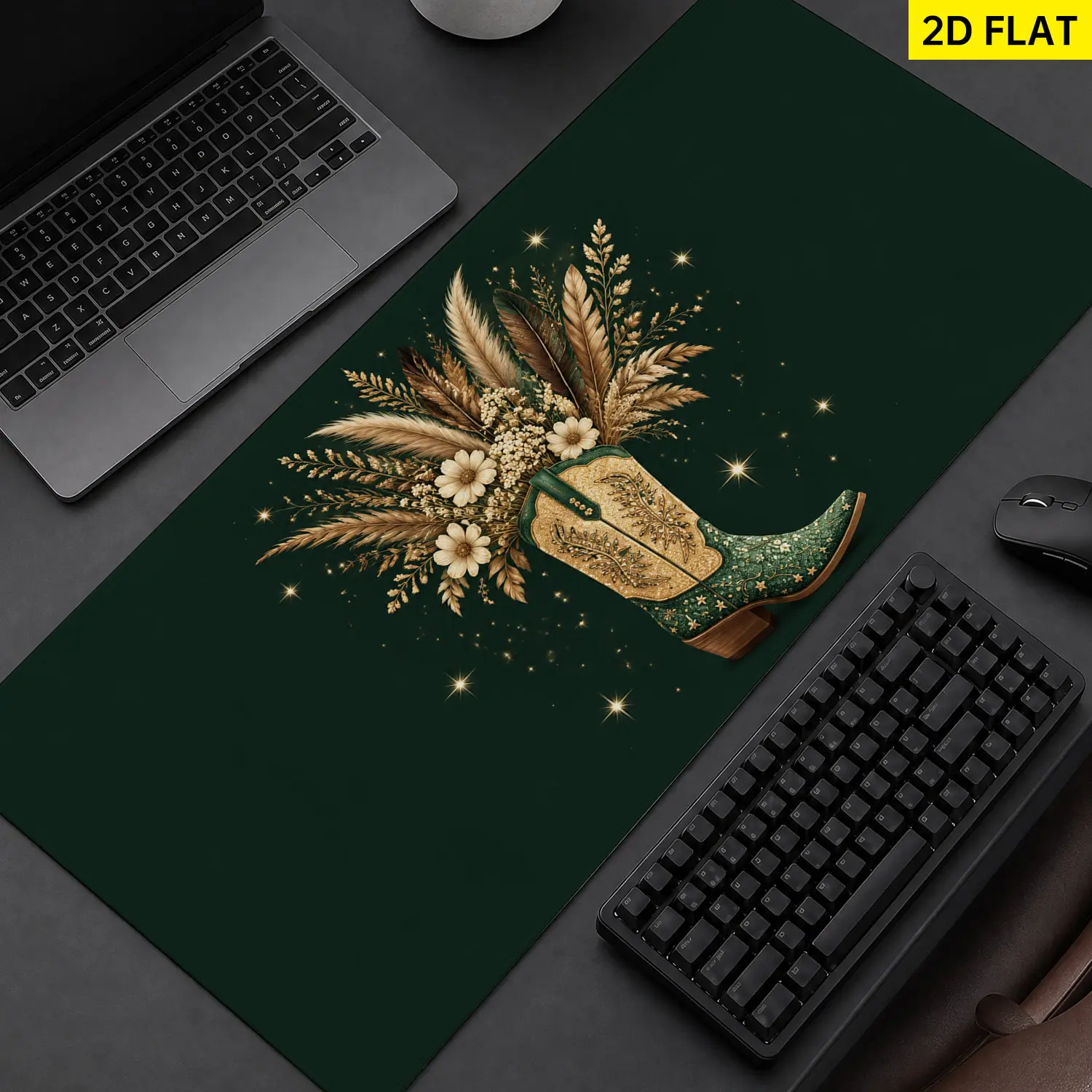 Extra Large boho cowboy boot with floral bouquet Mouse Pad,Non Slip Rubber Pad,Desktop Decoration Drotection Pad,Washable,Lock Edge Multi Size,Premium Multipurpose Mousepad For Office,Home,Gift for Family and Friends