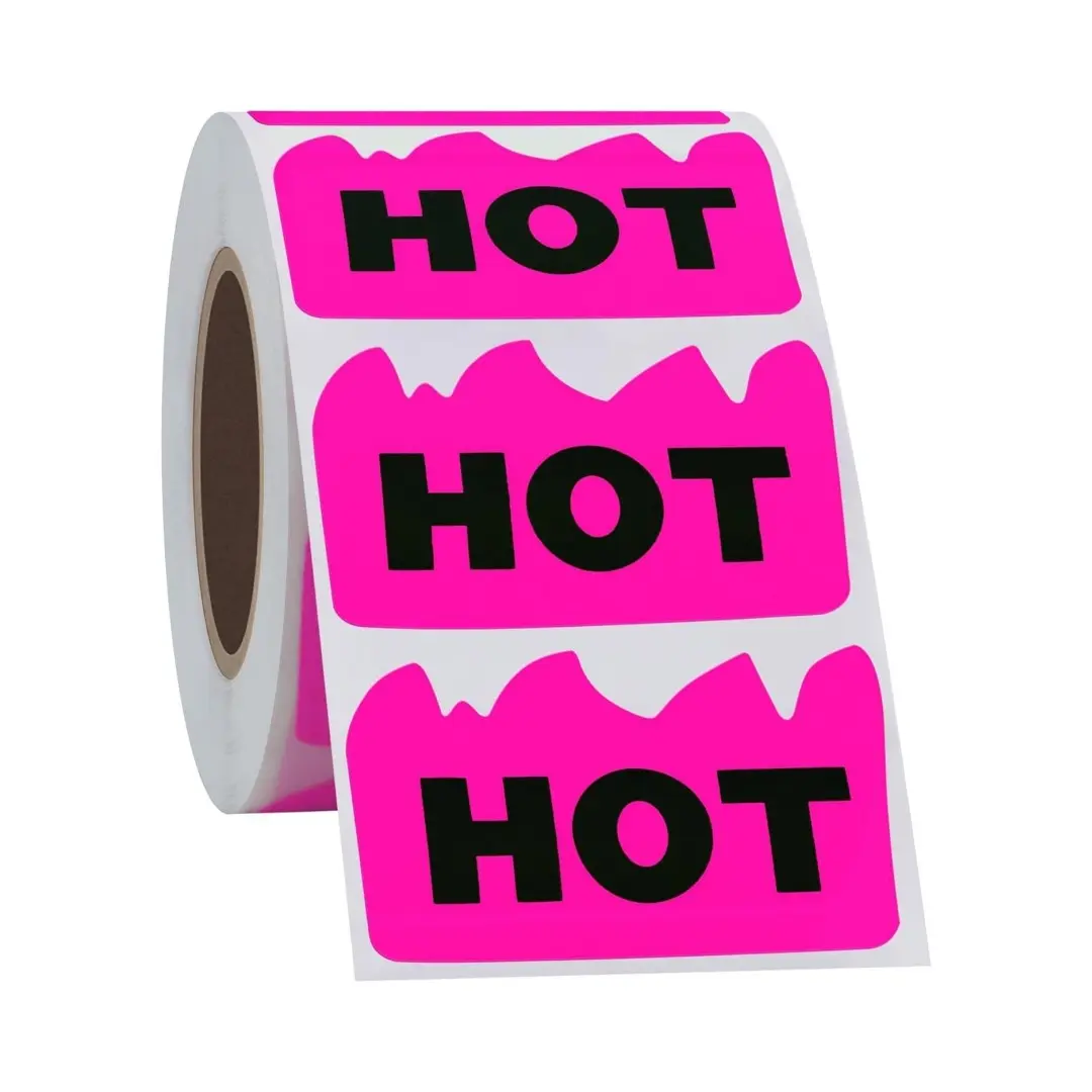 Fluorescent Pink Hot Flame Warning Stickers Roll Waterproof Adhesive Labels for Shipping Warehouse Hot Goods Hot Food Marking Fire Shape Stickers for Restaurant Supermarket Store Popular Item Identification Eye Catching Reminder Practical Sticker
