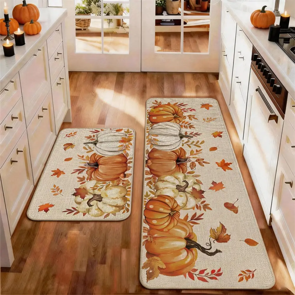 2pcs Thanksgiving Fall Kitchen Mat Gug Set with Pumpkin Maple leaves Pattern, Non-Slip Soft Low Profile,Floor Mat Set Farmhouse Kitchen Rug Dining Room Flooring Laundry Room Decor Carpet Mat, Decorative Rug Mat, Kitchen Floor Mats