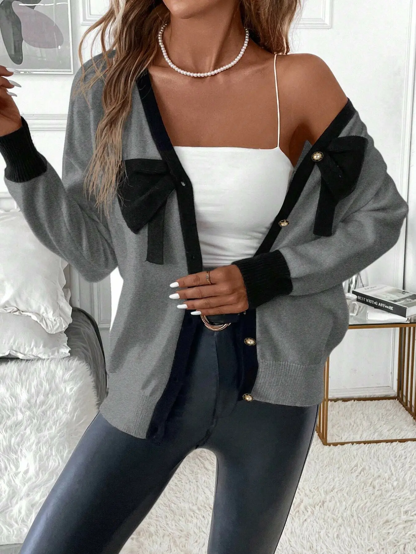 Women's Spring Summer Block V Neck Knit Cardigan, 3D Bow Pearl Single Row Button Loose Long Sleeve Sweet Casual Outerwear Sweater