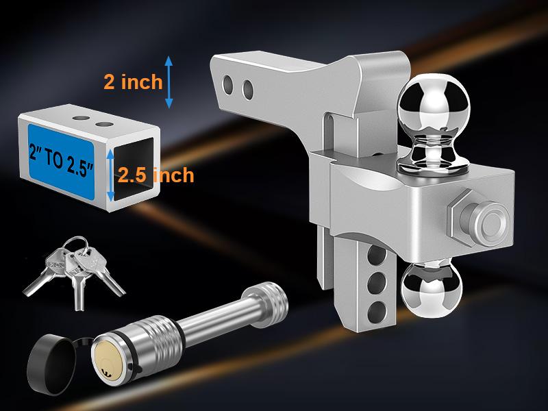 Adjustable Trailer Hitch, Drop Hitch Fits 2 Inch Receiver, GTW 21,500 LBS Aluminum Tow Hitches Dual Ball (2" x 2-5/16"), Heavy Duty Truck Hitch Ball Mount (5 Inch Drop Hitch)