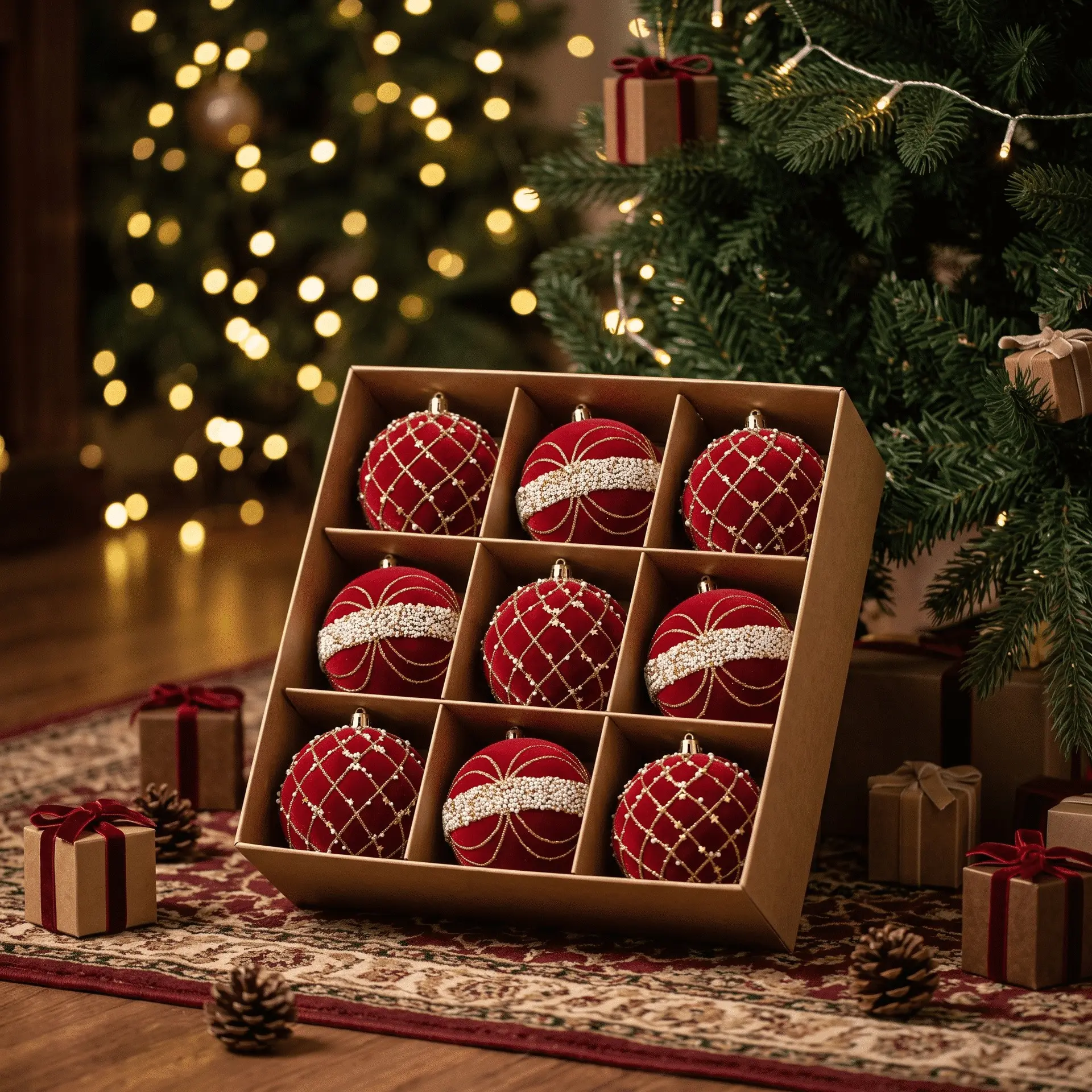 9-Piece Wine 8cm Christmas Ball Decoration Set, Glittering Plastic Ornaments, Indoor Holiday Party Decorations