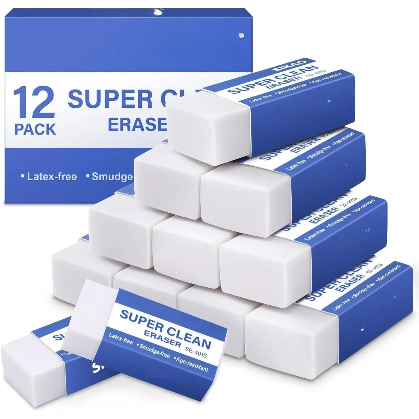 White Erasers, 12 Pack Block Pencil Erasers Super Clean Non-Melting | Soft Erasers for Drawing, Sketching & Art Supplies, Smudge-Free for Homework School & Office