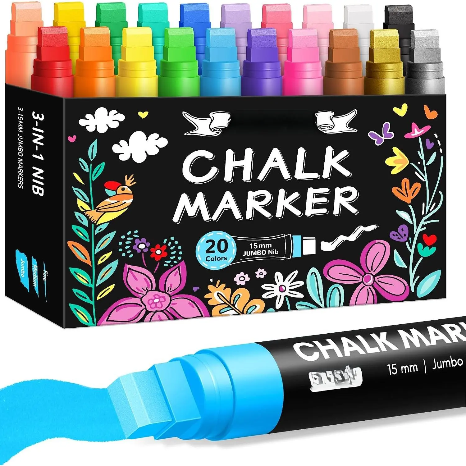 Window Chalk Markers for Glass Washable, 10 Colors  Liquid Chalk Marker with 10mm 3 in 1 Nib Thick Wide Tips, Big Chalkboard Markers,   Pen for Auto, Bistro, Mirror, Poster, Blackboards