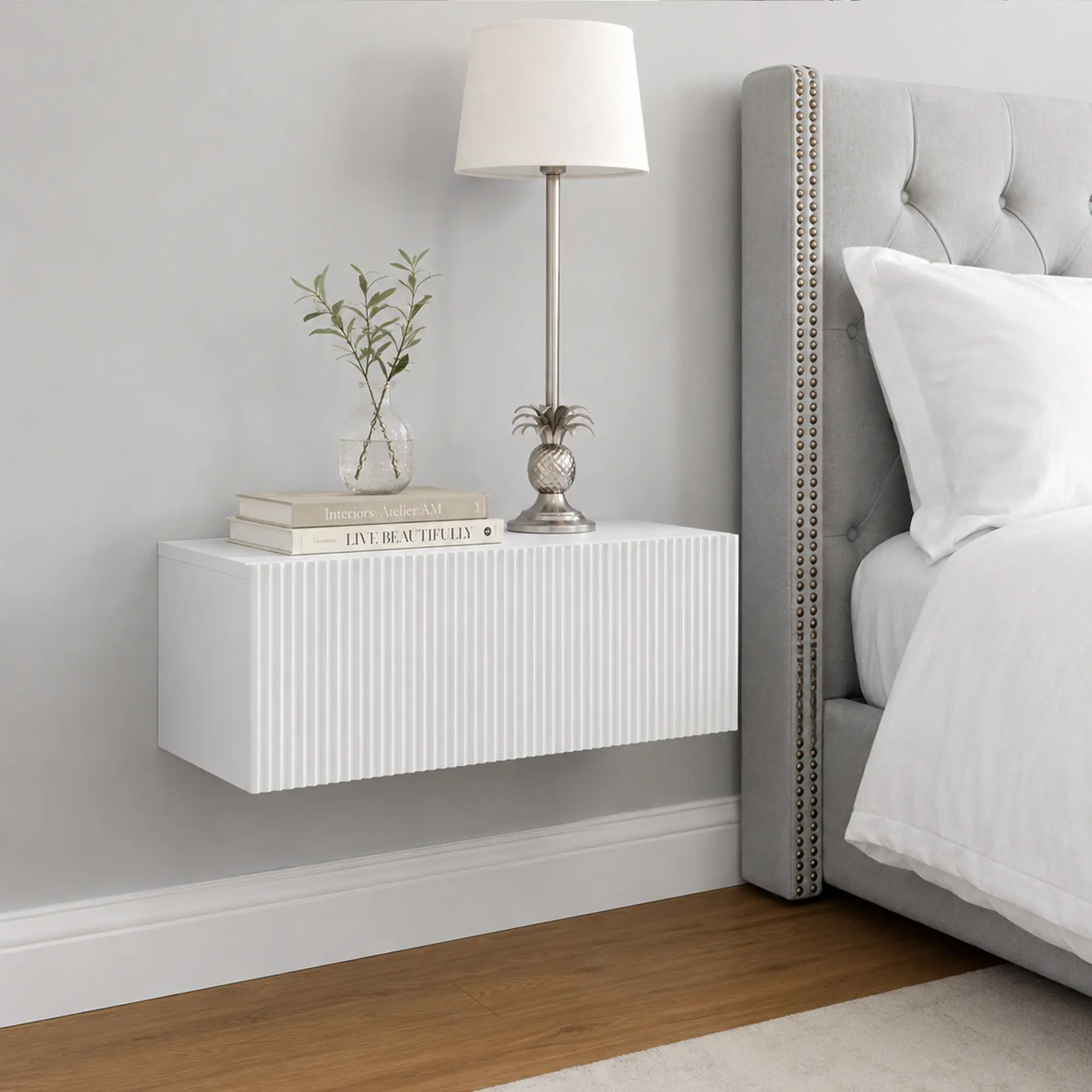Nokaa Wall Mounted Fluted Vanity Table with Drawer, Hand-Crafted MDF White Finish, Floating Nightstand for Bedroom, Entryway Console, Bathroom Storage, Multi-Scenario Cosmetic Desk, 15.75x23.62x8.67 in, White