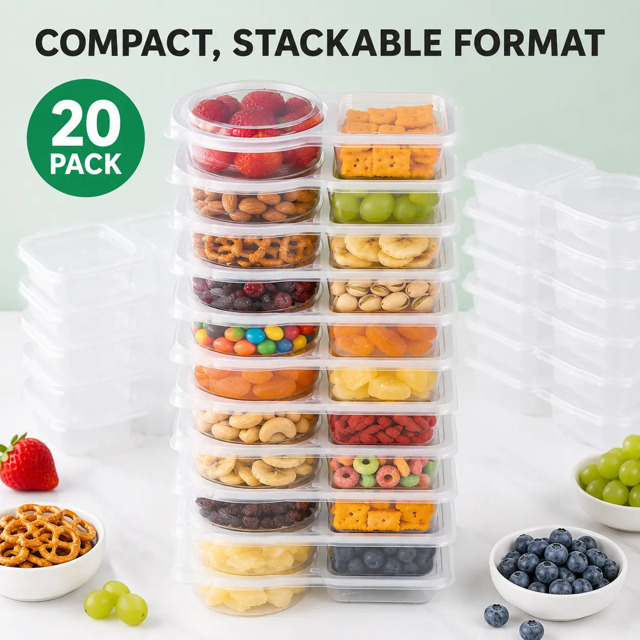 Compact 2-Compartment Condiment Container Set, Stackable Clear Plastic Split Food Holder for Office Picnic