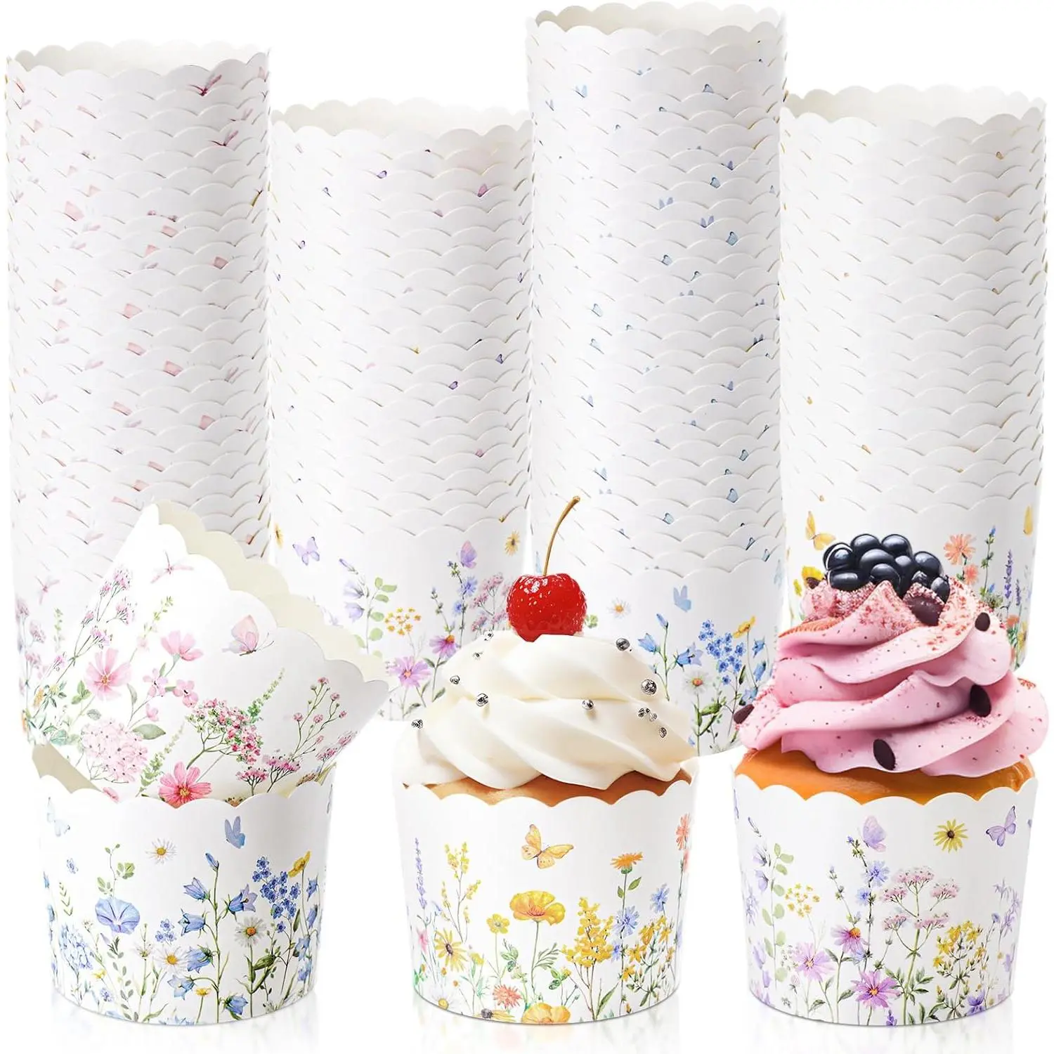 Qinyoung 120 Pcs Wildflower Cupcake Liner 4 Design Flower Paper Muffin Liner Scalloped Disposable Floral Baking Cup, Tea Party Baby/Bridal Shower Decoration for Spring Wedding Birthday Party Supplies
