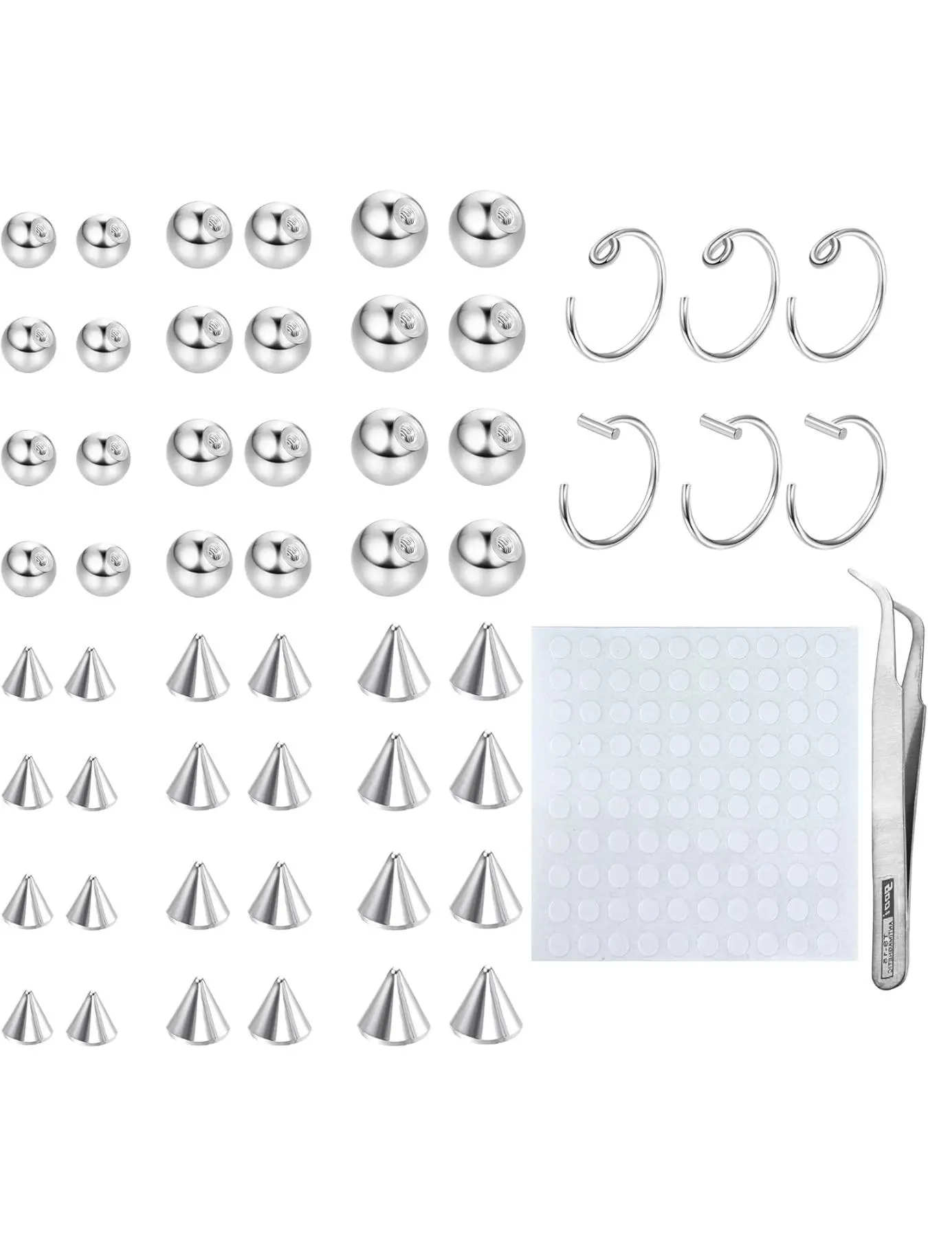 Fake Eyebrow Ring Fake Lip Labret Studs Replacement Balls Spike with 100Pcs Sticker Non-Piercing Nose Rings Hoop Body Jewelry Skin 3MM 4MM 5MM(Silver)Non-Piercing Fake Eyebrow & Lip Labret Studs Set, Silver Color, 3/4/5mm Sizes, 100pcs Adhesive Included,