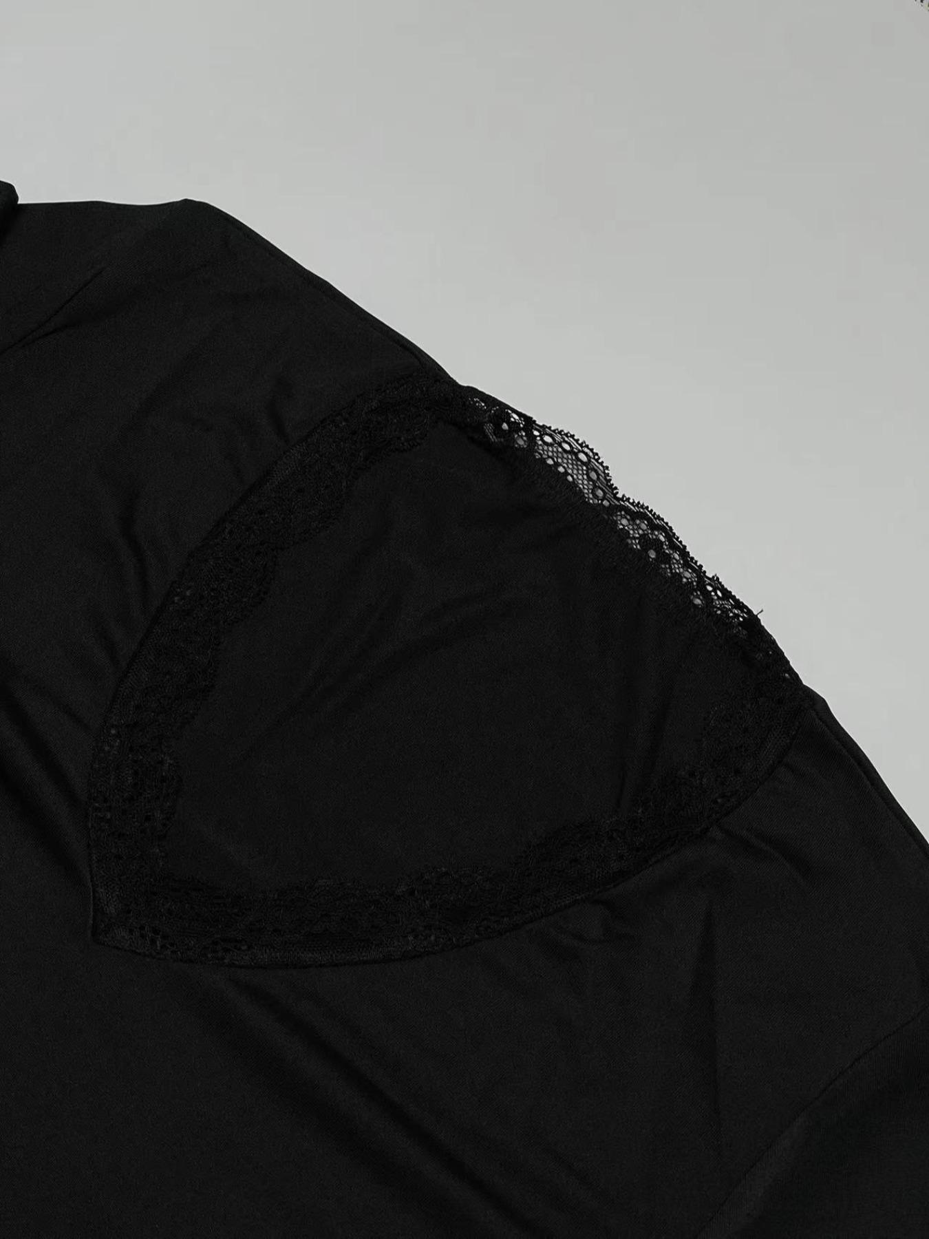 Women's Contrast Lace Crop Tee & Flare Leg Pants Two-Piece Set, Casual Slim V Neck Long Sleeve Top & Bell Bottom Trousers for Daily Wear, Ladies Fall & Winter Clothes