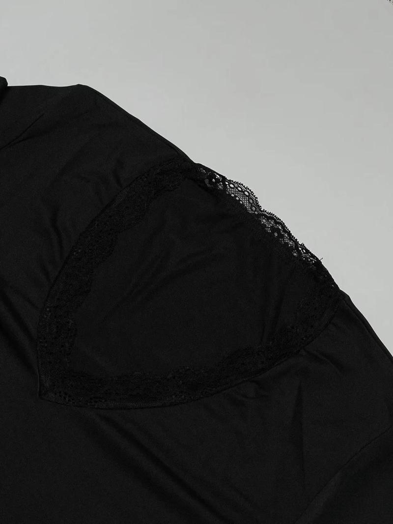 Women's Contrast Lace Crop Tee & Flare Leg Pants Two-Piece Set, Casual V Neck Long Sleeve Top & Bell Bottom Trousers for Daily Wear, Ladies Fall & Winter Clothes