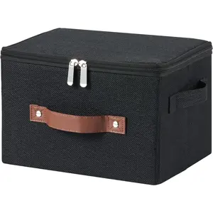 Foldable Washable Cotton Linen Storage Bins with Zipper Lid Lidded Organizer with PU Leather Handles for Closet Shelf Clothes Black Small Size