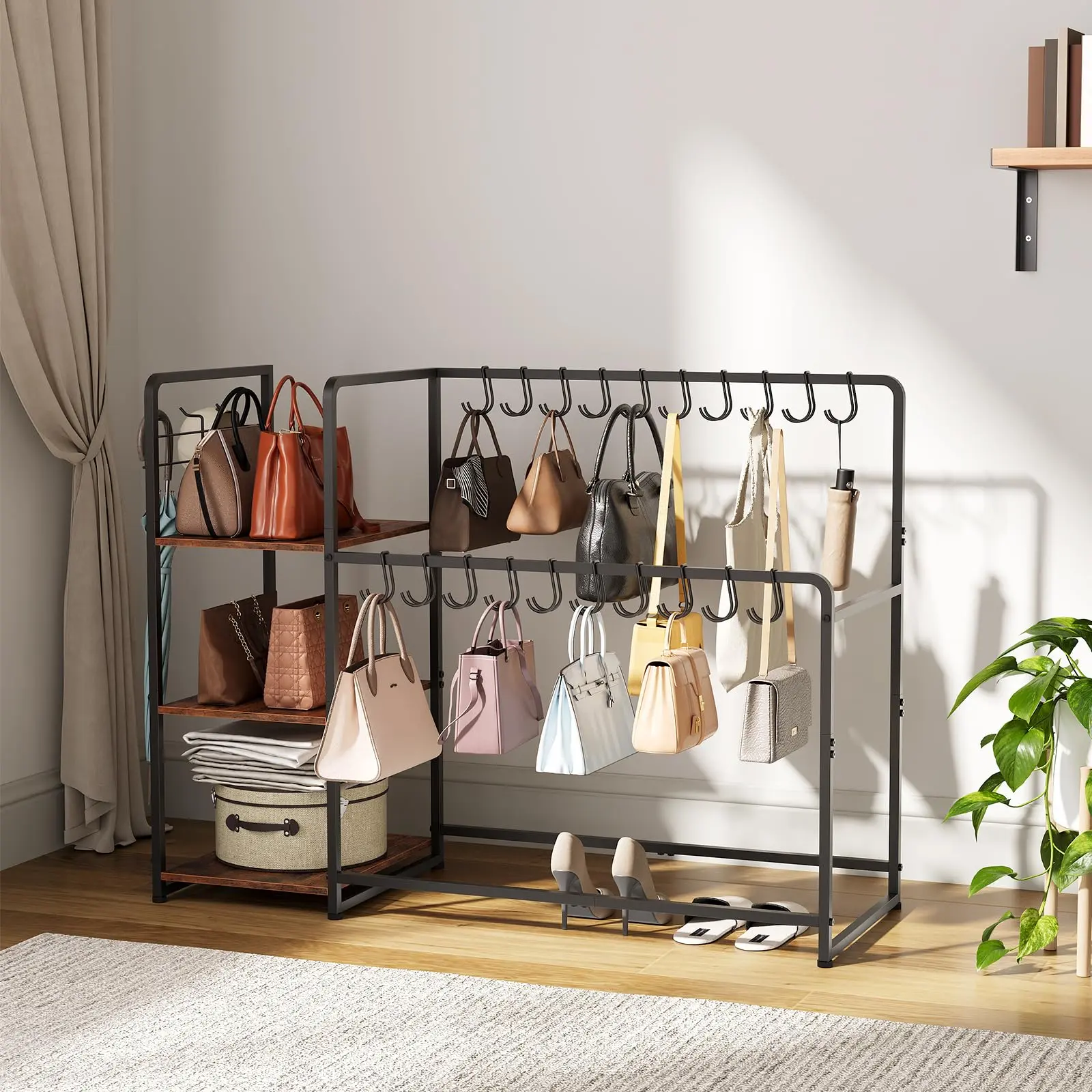 Garvee Standing Spacious 3-Tier Wooden Purse Organizer Rack - 20 Hangers, 3 Side Hooks, Movable Wheels - Handbag Storage Shelf for Closet, Bedroom - Black + Vintage