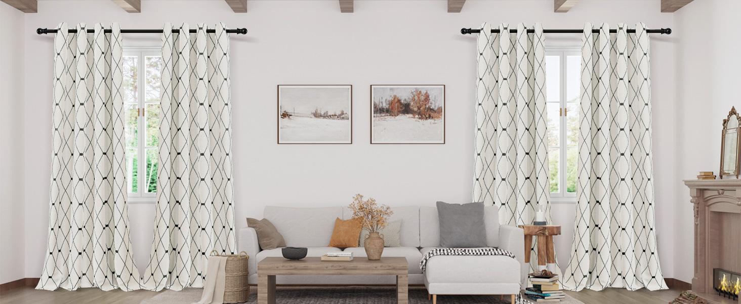 Joywell Cream Linen Textured Curtains 84 inches Long for Living Room Embroidered Farmhouse Window Curtain Grommet Drapes 2 Panels Heavy Cotton Curtains Black Checkered Pattern on Beige