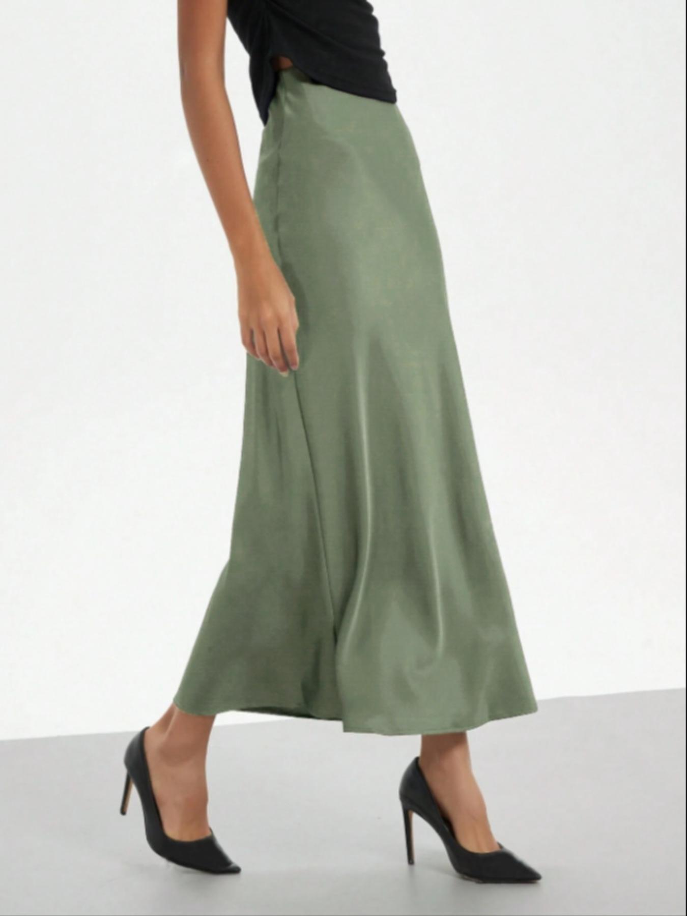 Women's Solid Color Satin Slim Skirt, Elegant Fashion Skirt for Work Office Business, Ladies Clothes for All Seasons