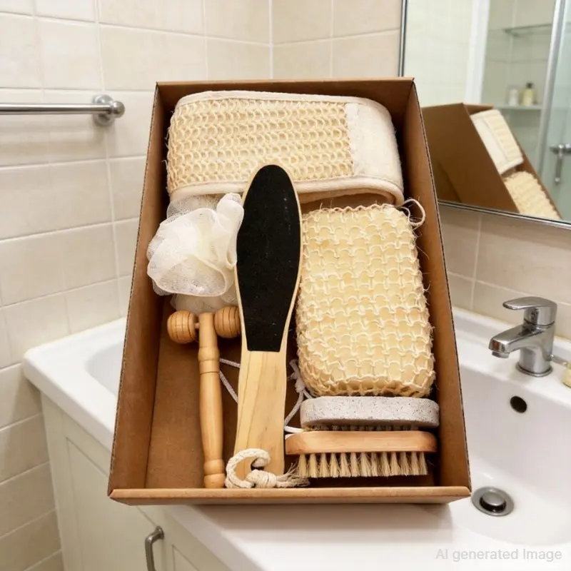 7Pcs Natural Wooden Bath Spa Gift Box, Exfoliating Shower Kit with Back Brush, Bath Sponge, Foot File & Massage Roller, Relaxing Self Care Gift for Women