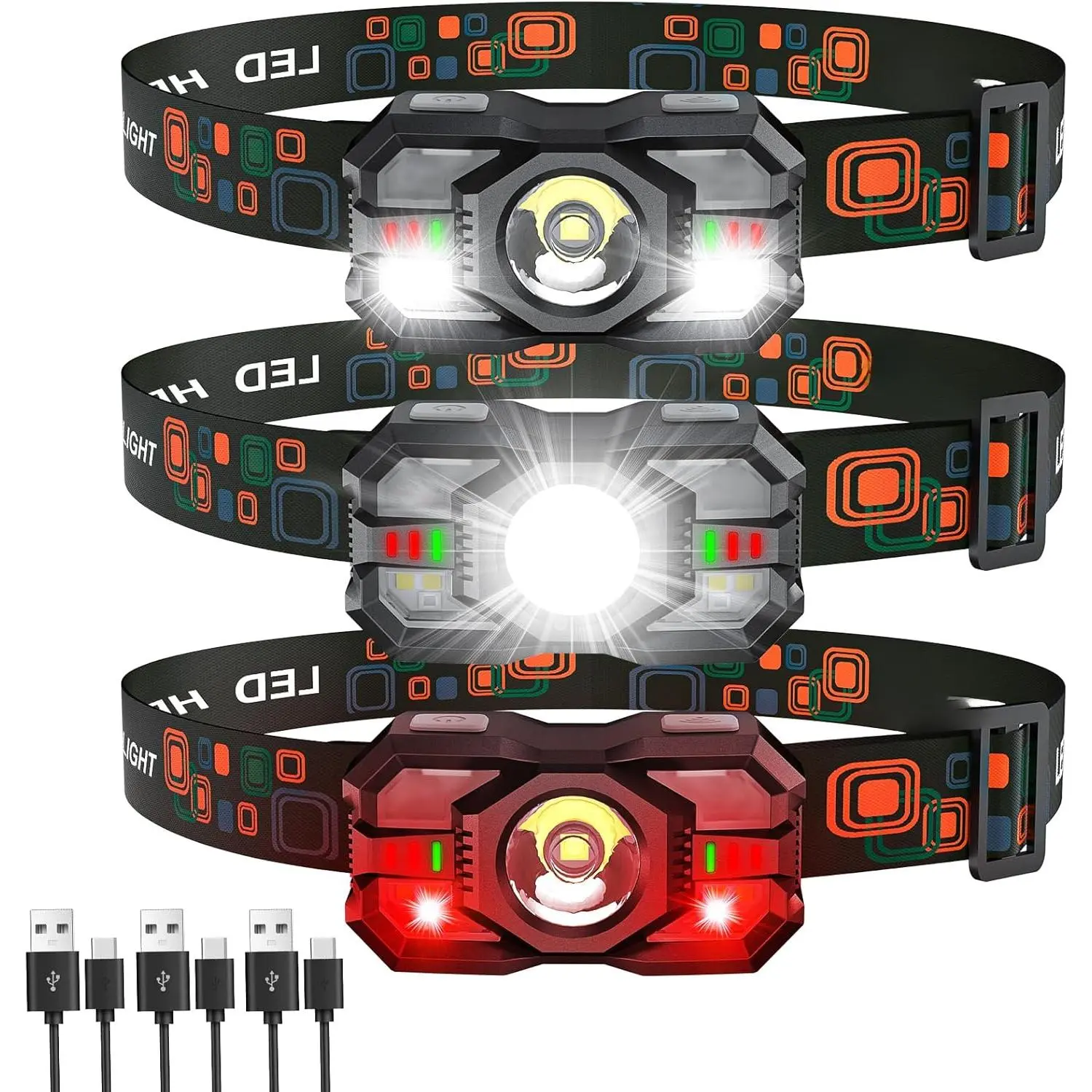 Rechargeable Headlamp Flashlight 3-Pack, 2000 Lumen Super Bright LED Headlight with Red Light, Headlamps  Adults Kid, Waterproof Lightweight Head Lamp  Outdoor Camping Running Hiking Fishing