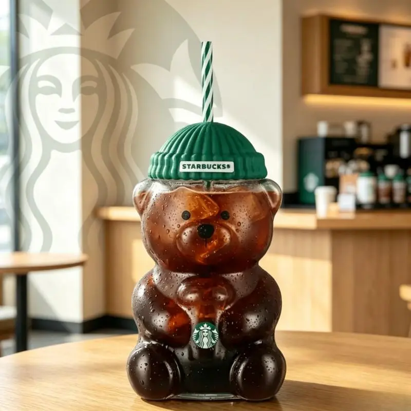 2026 Limited Edition Starbucks Bearista Bear Stylish Green Glass Cup Sturdy Reusable Tumbler with Straw Lid Portable Washable for Outdoor Camping Christmas Gift Home Festive Supplies