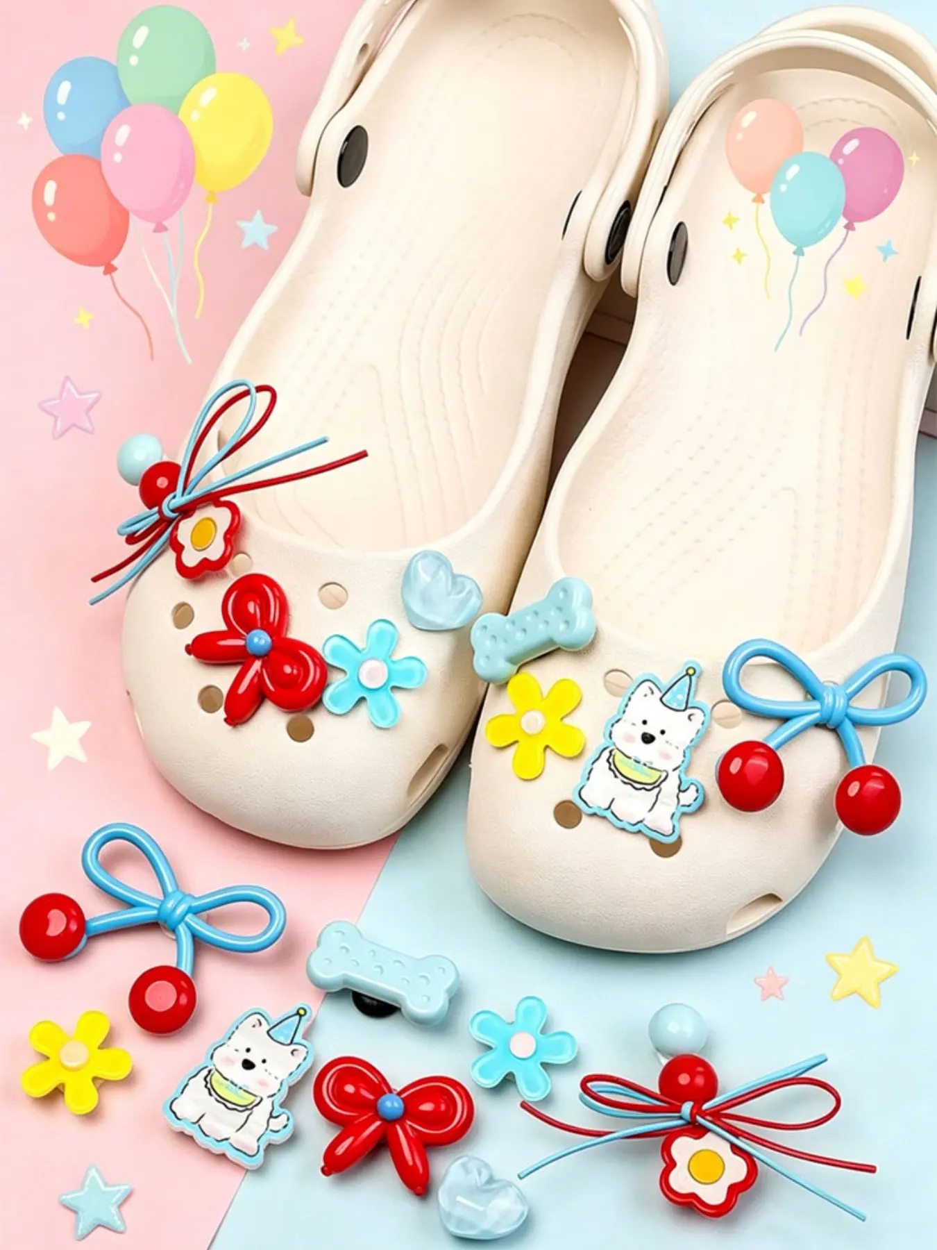 8pcs Blue Cartoon Westie Dog Croc Charms Set, Cherry Bow Flower Heart, Cute DIY Resin Shoe Decorations, Fun Decorative Shoe Accessories, Clog Accessories