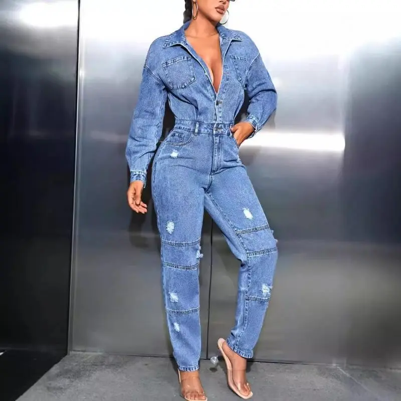 2025Women'sFashionEuropeanandAmericanWomen'sCasualCommuterSlimFitJumpsuitRippedJeans2025WomenswearOverallsBasicBlue Fitted Long Sleeve