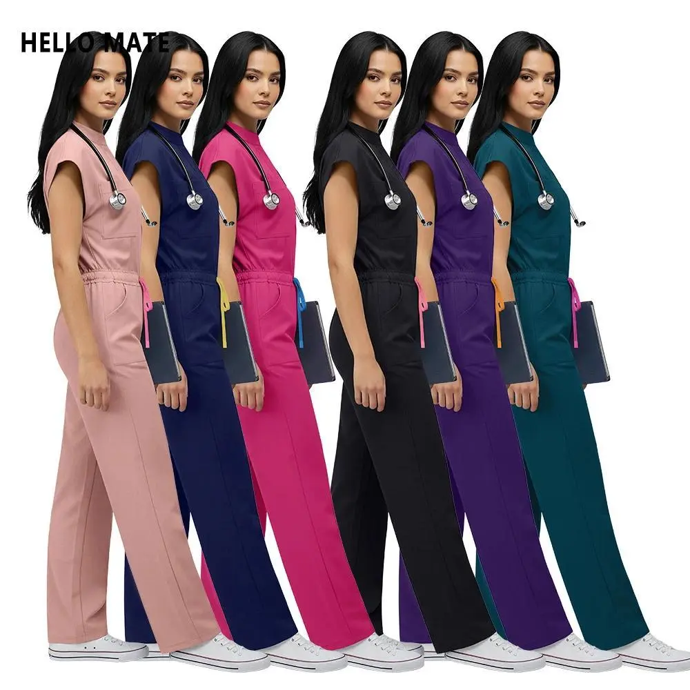 Wholesale Price Scrub Jumpsuit Pocket Medical Apparel Uniform Women Short Sleeve Overalls Hospital Clothes Beauty Salon Workwear