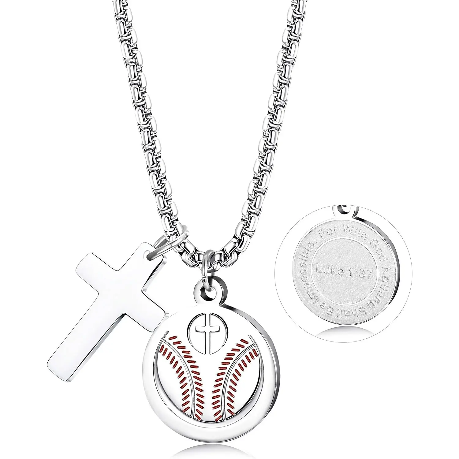 Men's Stainless Steel Sports-Themed Cross Necklace - 0.79in Diameter, Bible Verse, Geometric, Long, Metal Coating, Unisex, Casual Baseball Jewellery for Athletes, First Communion Spiritual Accessory