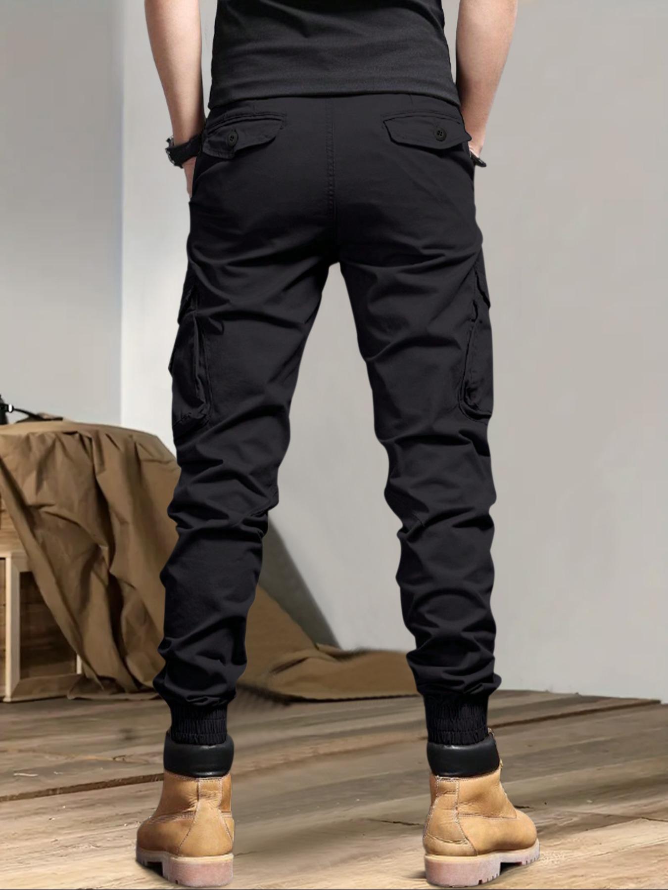 Men's Solid Drawstring Cargo Pants, Loose Casual Slant Pocket Elastic Waist Trousers for Outdoor Wear, Men's Streetwear Bottoms for All Seasons